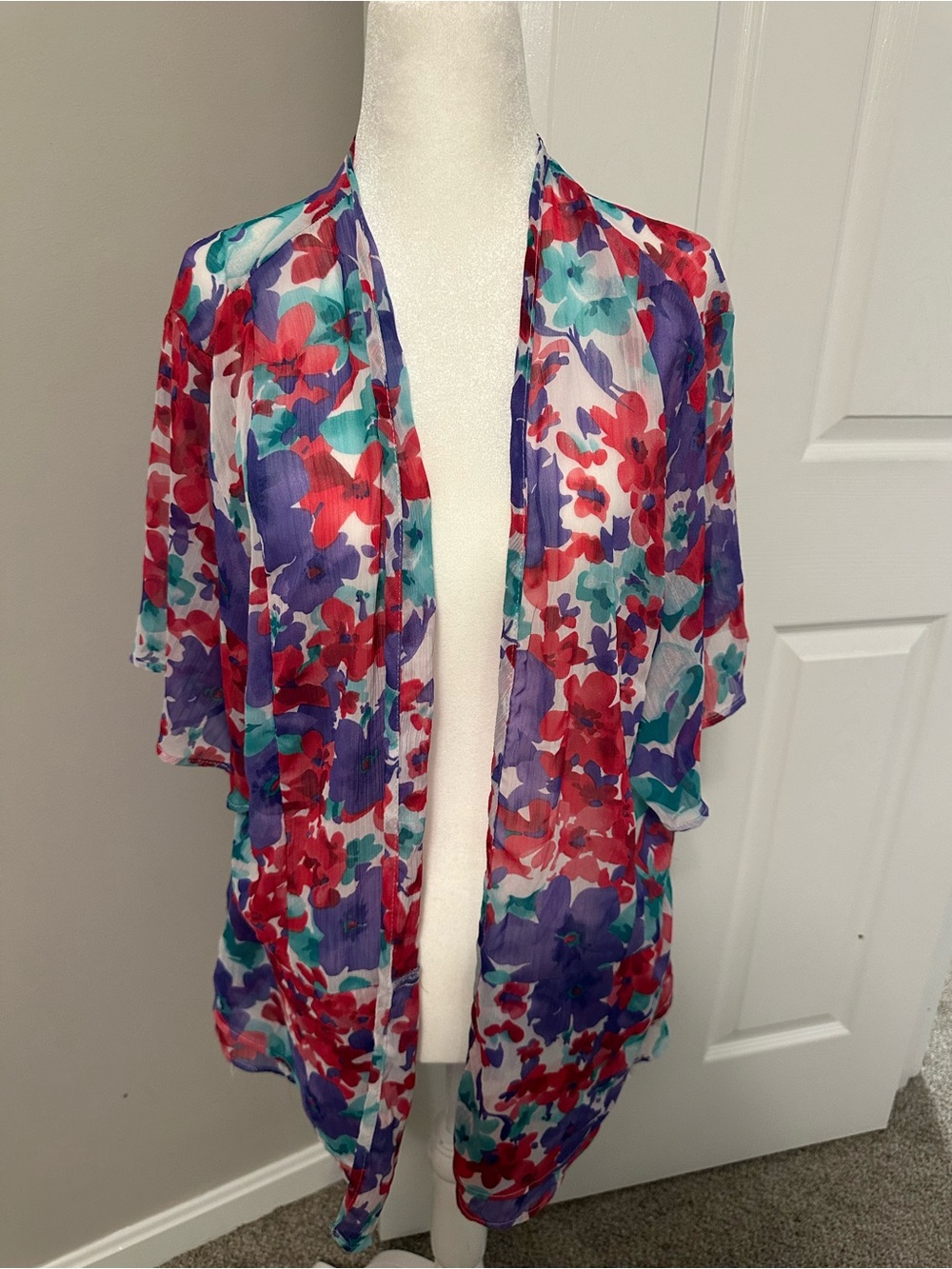 BonWorth Floral Open Front Kimono Cardigan in Red, Purple, Teal